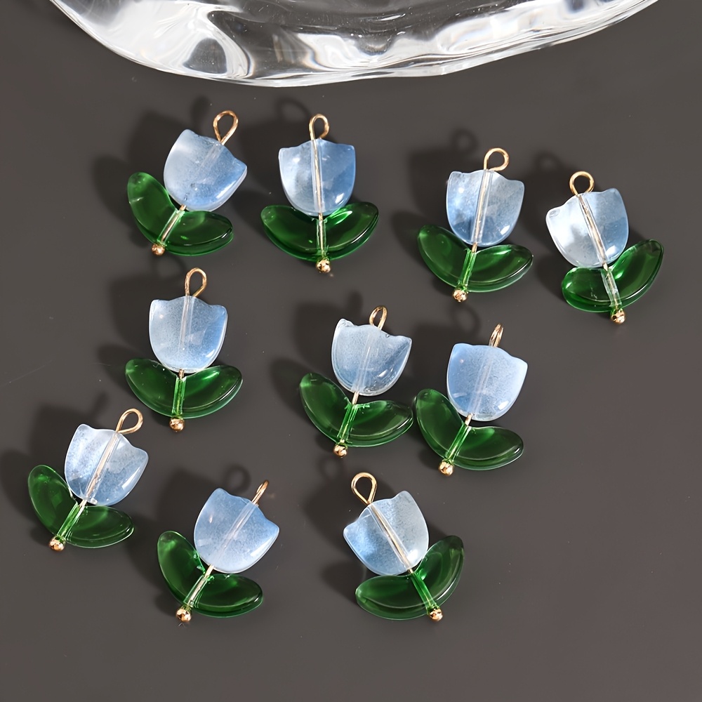 10pcs Glass Tulip Flower Pendants with 3D Leaves Multicolor Necklace Charms